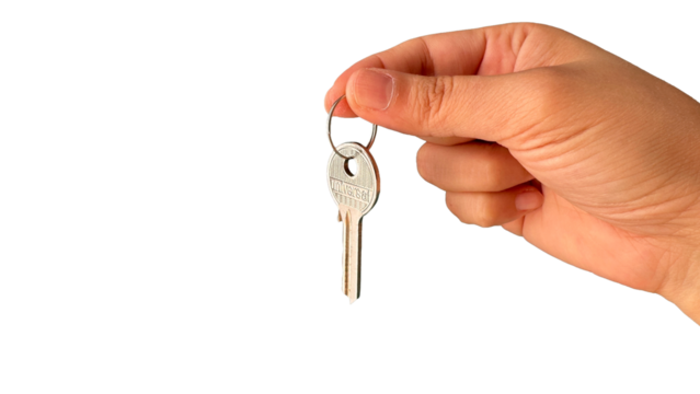 Female hand holding house key on transparent background
