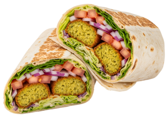 Close-up of a freshly made falafel wrap with vegetables and soft flatbread