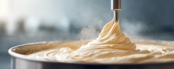 Closeup of an industrial mixer blending smooth, creamy batter. A representation of food preparation, automation, and culinary arts. Perfect for bakery concepts.