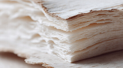 Closeup of stacked handmade paper, textured surface. Symbolizes creativity, history, and craftsmanship. Use for background, design element, or conceptual work.