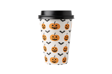 Coffee cup with black lid decorated with Halloween pumpkins and bats seasonal pattern, isolated on a transparent background