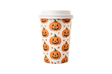 Halloween coffee cup with orange pumpkin jack-o'-lantern pattern and white lid design, isolated on a transparent background