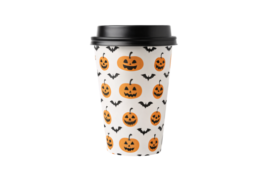 Coffee cup with black lid decorated with Halloween pumpkins and bats seasonal pattern, isolated on a transparent background