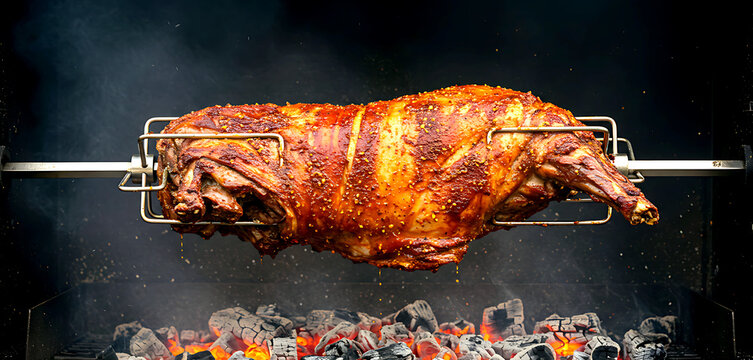  South Africa &ndash; Braai (Whole Spiced Goat). a whole goat marinated in African spices, slow-roasted on a metal spit over wood fire
