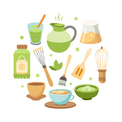 A diverse collection of matcha tea elements including hot and cold beverages traditional tools powder perfect for illustrating healthy drinks and Japanese tea culture See Less
