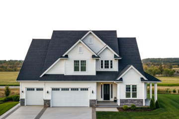 Contemporary farmhouse style home with dark roof, white exterior, covered porch, three-car garage, isolated on a transparent background