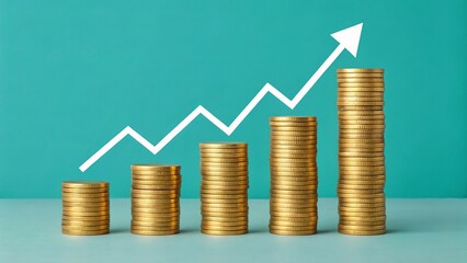 Rising stack of gold coins with upward trending arrow graph