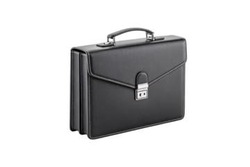Professional black leather briefcase with metal clasp lock and carrying handle for business documents storage, isolated on a transparent background