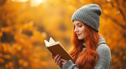 Obraz premium Young Woman Reading in Autumnal Setting