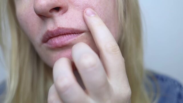A dermatologist examines a woman face with dilated pores, pigmentation, and sebaceous filaments. Treatment of rosacea and skin inflammation.