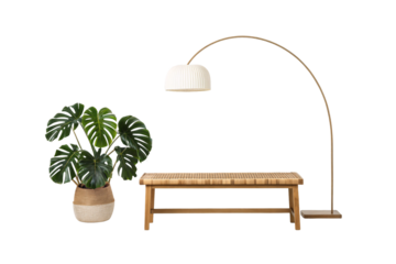 Contemporary interior setup featuring curved brass floor lamp, wooden slat bench, and tropical monstera plant, isolated on a transparent background
