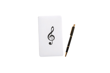 Music notation treble clef symbol on white card with elegant black and gold fountain pen, isolated on a transparent background