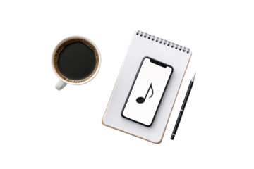 Digital device workspace with coffee, notebook, pen and smartphone showing musical note on screen, isolated on a transparent background