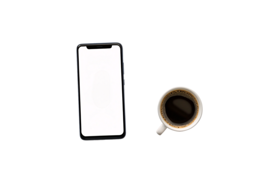 Modern smartphone with blank white screen displayed next to steaming coffee cup on white surface, isolated on a transparent background