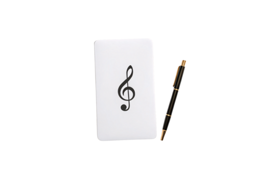 Music notation treble clef symbol on white card with elegant black and gold fountain pen, isolated on a transparent background