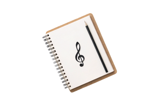 Spiral bound notebook with treble clef symbol and wooden pencil on kraft paper backing, isolated on a transparent background