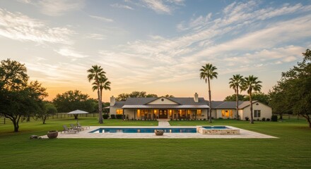 Country Ranch Home with Pool and Palm Trees at Sunset