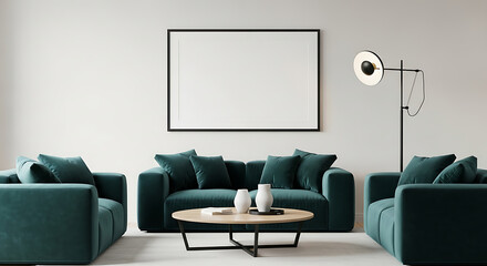 Modern living room with plush teal sofas and a blank framed picture
