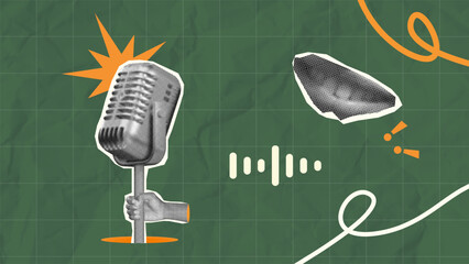 Halftone collage, hand holding retro microphone and lips. podcast radio shows, music, audio recordings, and broadcasts