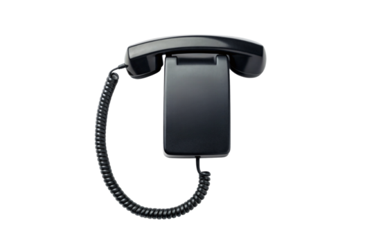 Classic black rotary telephone with curved handset and coiled cord vintage communication device, isolated on a transparent background