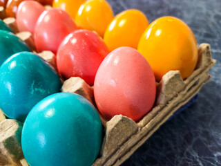 Macro Shot of Easter Painted Eggs in a Box