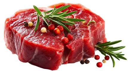 Premium Cut: An appetizing image of a raw steak, adorned with aromatic rosemary sprigs and a sprinkle of peppercorns, offers a sensory delight.
