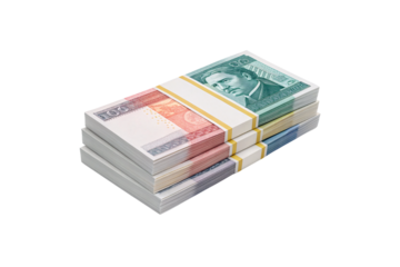 Stack of colorful foreign currency banknotes bundled with bands, isolated on a transparent background