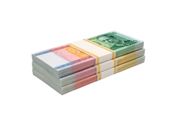 Mixed denomination international currency notes in various colors bundled together, isolated on a transparent background