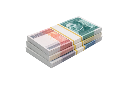 Stack of colorful foreign currency banknotes bundled with bands, isolated on a transparent background