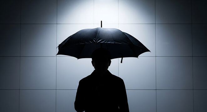 A solitary silhouette stands protected under an umbrella, illuminated by a powerful spotlight, symbolizing resilience and defense in an uncertain world.