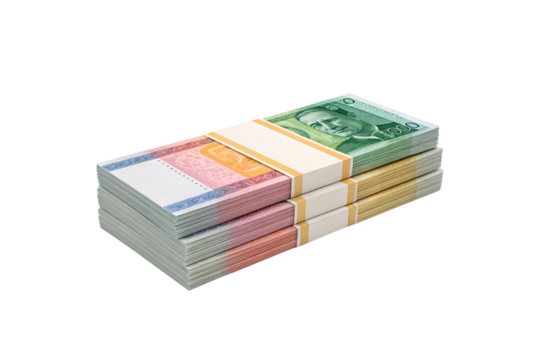 Mixed denomination international currency notes in various colors bundled together, isolated on a transparent background