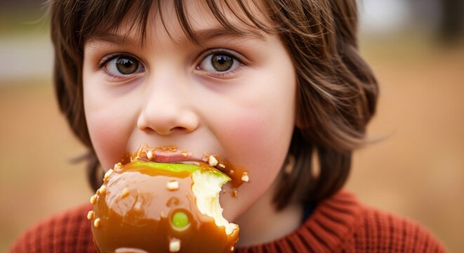 Delighted child enjoying a caramel apple, evoking feelings of joy, fun, and autumn sweetness
