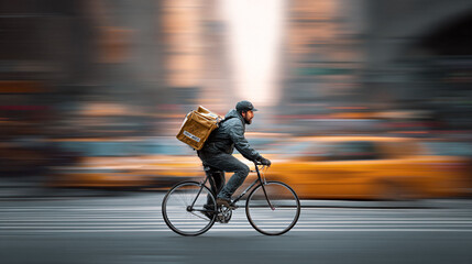 A fastpaced urban scene shows a cyclist delivering with speed in a bustling city. Perfect for illustrating delivery services, urban lifestyle, and transportation.