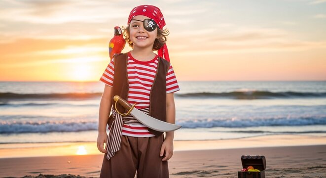 Happy young pirate on beach with parrot, treasure chest, and sunset adventure scene