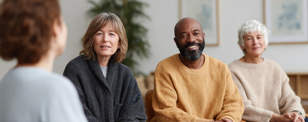 Diverse group of mature people engaged in open conversation. Could represent therapy, support, learning, community, or friendship. Authentic, inclusive hopeful.