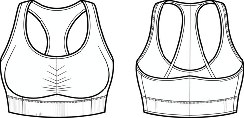 Cad drawing flat vector illustration of women’s racerback sports bra front and back view, technical fashion sketch template