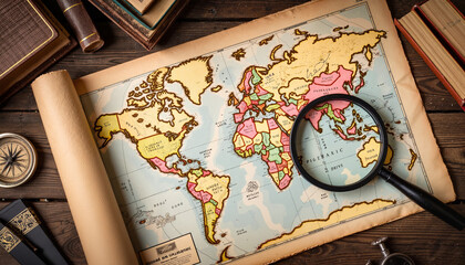 Vintage world map with magnifying glass on wooden table  