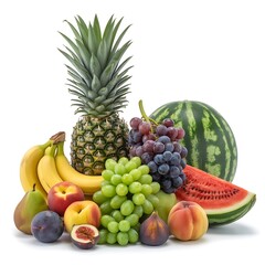 Vibrant abundance of fresh summer fruits including pineapple, grapes, watermelon, bananas, peaches, and figs