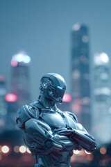 Fototapeta premium Futuristic android standing against a blurred cityscape. Reflects technology, artificial intelligence, and the future. Ideal for tech, scifi, or innovation projects.