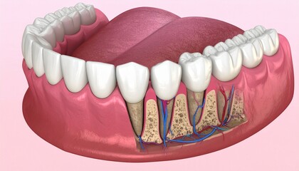 Anatomical 3D illustration of a jaw with a missing tooth and advanced periodontal disease.