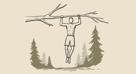 Man performing pull-ups on a tree branch in a forest with evergreen trees in the background