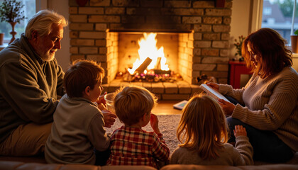 Happy family reading together by the fireplace in cozy living room  