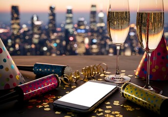 Celebrate urban nightlife with champagne, party poppers, and a smartphone screen ready for your festive message.