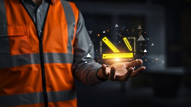 Technologist presenting digital hologram in dark environment