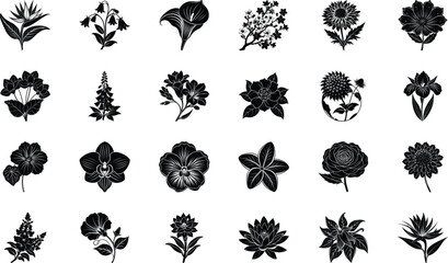Black Floral Silhouette Vector Icons Collection – Decorative Botanical Flowers, Plants, and Nature Clipart Bundle for Logos, Patterns, Invitations, Crafts, and Digital Graphic Design