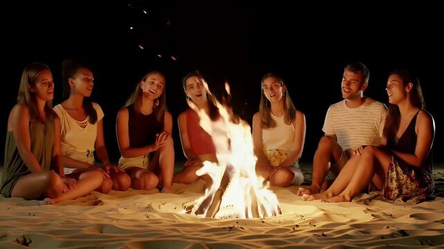 Friends Singing Together Around a Bonfire on a Sandy Beach at Night Under Dark Sky with Warm Lighting in Eye Level View and Enjoying Each Other Company Symbolizing Friendship Warmth And Shared