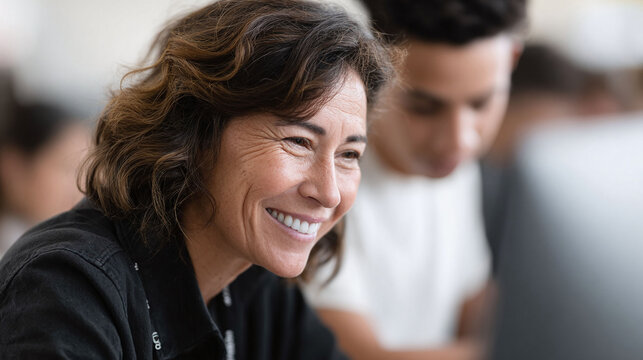 Focused on work, a smiling woman looks intently at a screen, a sign of success and learning. Illustrates education, technology, and confident professionalism in a diverse workplace.