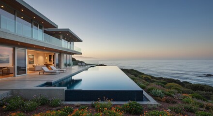 Fototapeta premium Modern Cliffside Villa with Infinity Pool and Ocean View