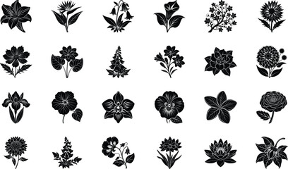 Fototapeta premium Black Floral Silhouette Vector Icons Collection – Decorative Botanical Flowers, Plants, and Nature Clipart Bundle for Logos, Patterns, Invitations, Crafts, and Digital Graphic Design