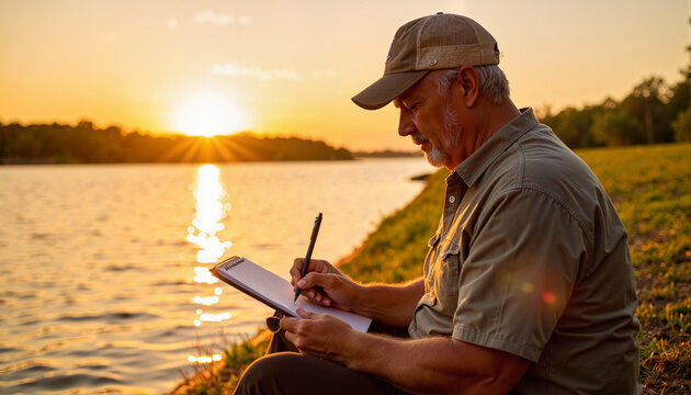 Elderly man sketching by the river at sunset   - Powered by Adobe